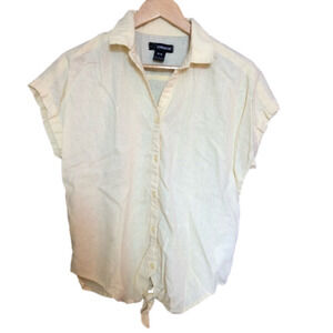 Vintage Yellow Linen Blend Coastal Tie Waist Short Sleeve Blouse Medium